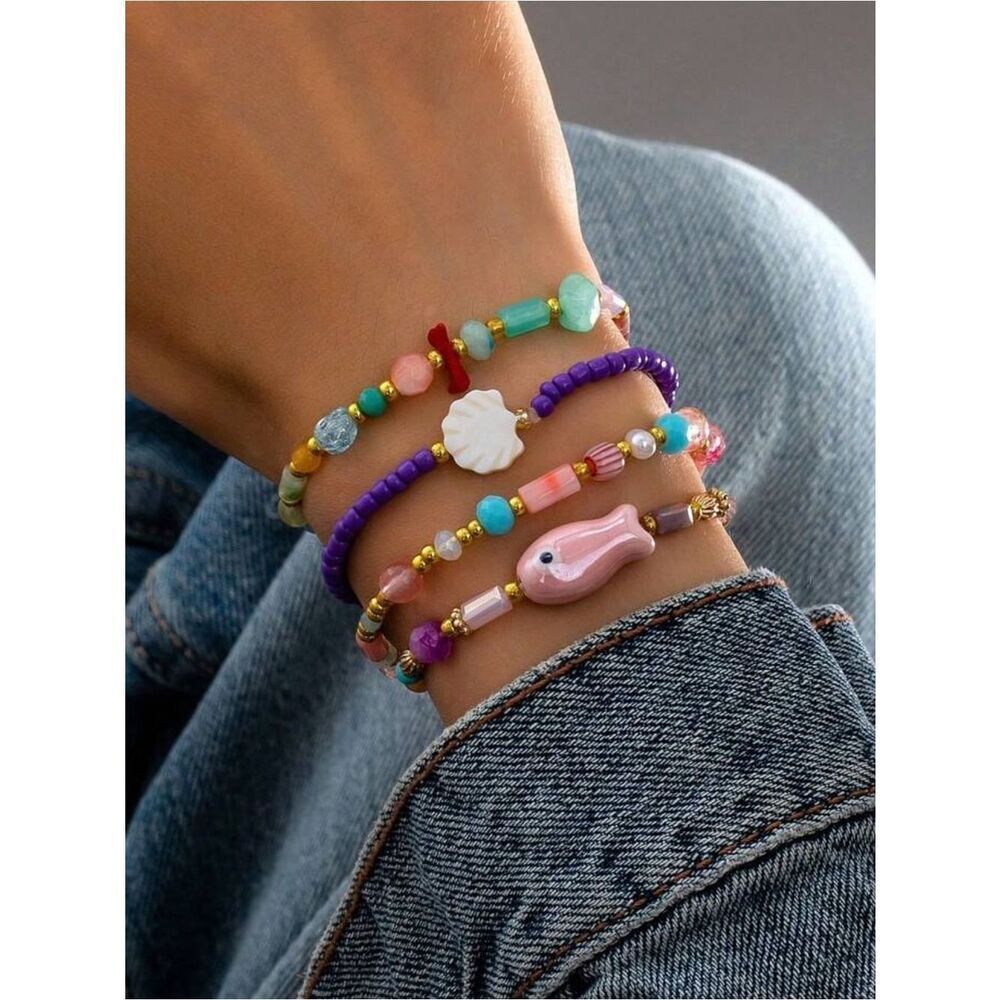 Multicolor Beaded Shell Bracelet Set A1673
